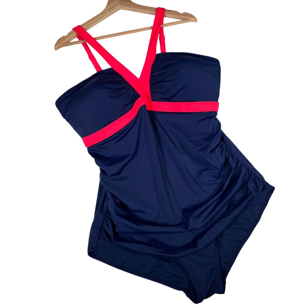 Boden Navy Blue Pink Trim Ruched One Piece Swimsuit US 20-22L S0148 Long Torso